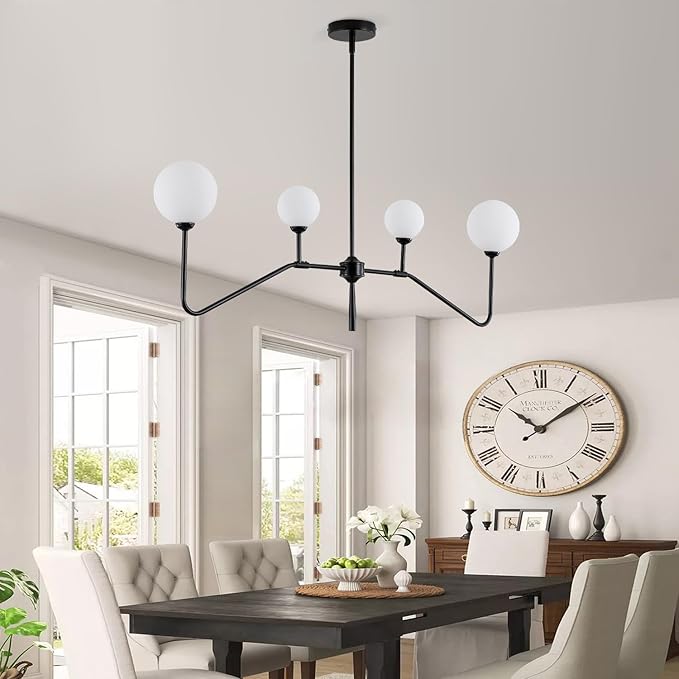 Black Linear Kitchen Light Fixture, 4-Light Globe Glass Pendant Light with Matte Black Metal Frame & Milk White Glass Shades, Adjustable Height Chandelier for Dining Room Kitchen Island