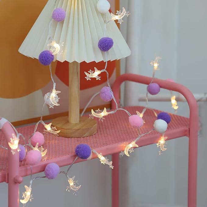 ChiRee Indoor String Lights 6.56 Feet Pom Poms Moon Lights 20 LED Battery Operated String Fairy Lights Warm White Globe Lights Colorful Decor Lights for Home Bedroom Kids Playhouse Holiday Christmas