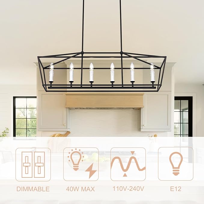 6-Light Black Island Lighting, Industrial Pendant Light Fixtures Candle-Style for Kitchen Dining Room Living Room, E12 Bulb Base