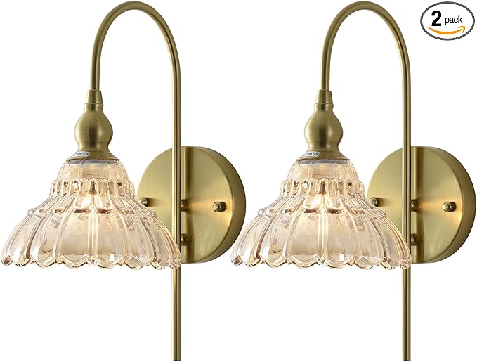 Vintage Wall Sconces with Amber Flower Glass Lampshade, Indoor Bath-Room Wall Sconce, Modern Gold Industrial Lighting Fixture for Mirror Living Room Hallway 2 Pack