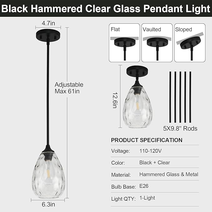 Glass Pendant Lights Kitchen Island, 6.3in Small Modern Black Pendant Light Fixtures with Hammered Clear Glass, Hanging Lighting for Kitchen Over Sink Dining Room Bedroom