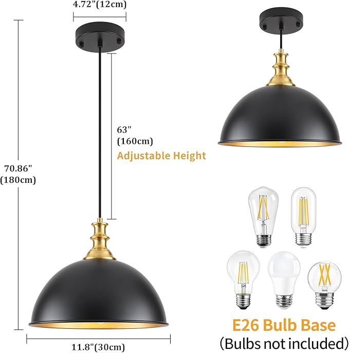 TOULMJ Black Pendant Lights Kitchen Island 2 Pack Farmhouse Pendant Lighting Over Island Adjustable Hanging Hallway Light Fixtures Vintage Dome Chandelier for Hallway Dining Room Foyer Bedroom