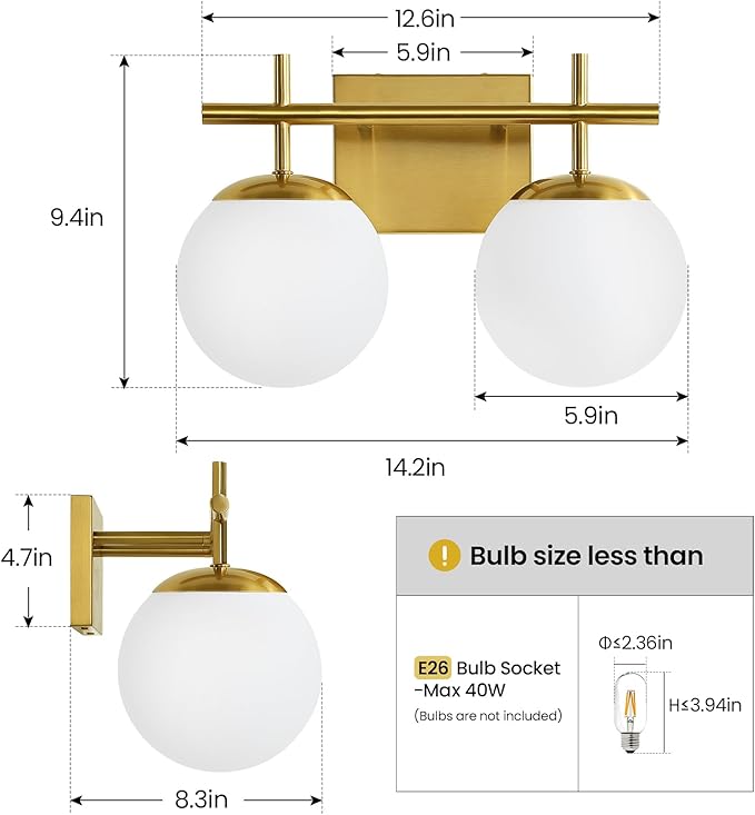 AIJIASI Gold Vanity Light, 2-Light Bathroom Lighting Fixtures Over Mirror Milky White Glass Globe Shades, Modern Vanity Lighting Fixtures Wall Sconce 14 Inch (Exclude E26 Bulb)