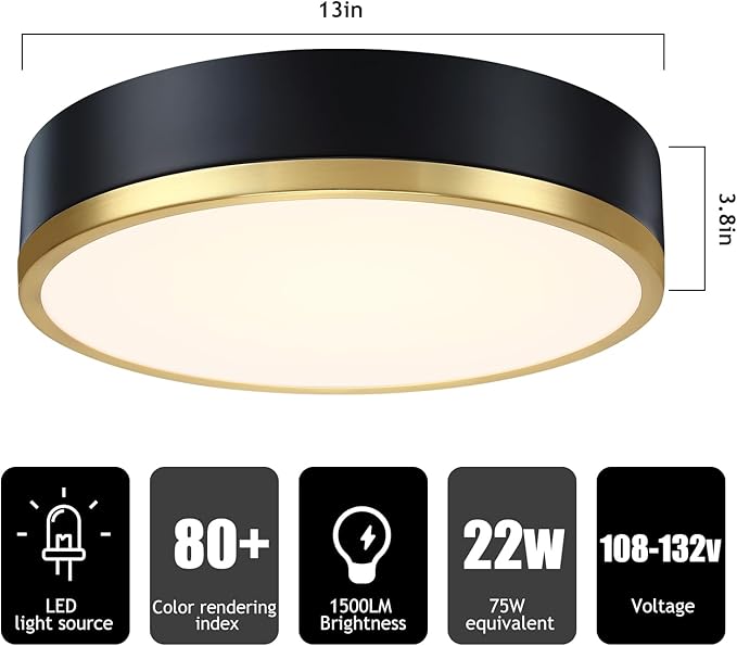 Flush Mount Ceiling Light Fixture, Black Gold LED Ceiling Light, 13 Inch 22W Dimmable Modern Flush Mount Lights for Hallway, Bedroom, Kitchen
