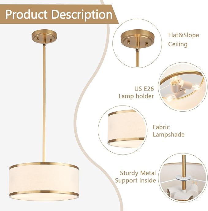 12.6" Drum Pendant Light Fixture 3-Light Gold Chandelier with Fabric Shade for Kitchen Dining Room Island Bedroom