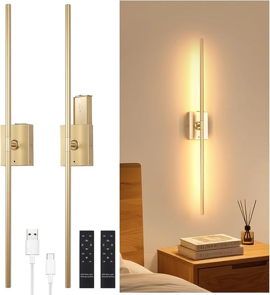 Shenmoyl Battery Operated Wall Sconce Set of 2, 10000mAh Rechargeable Wall Sconces with Detachable Battery, Indoor 350°Rotate Wall Lights for Bedroom Living Room, Gold, 31.5 Inch