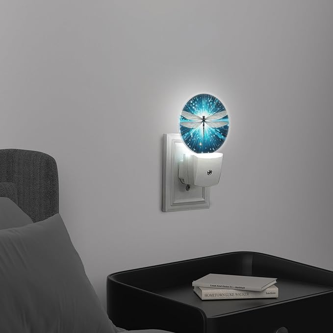 Round LED Night Lights Lamp with Dusk to Dawn Sensor, Dragonfly Shiny Abstract Night Light Plug Into Wall for Kids Room, Bedroom, Bathroom, Kitchen, Hallway
