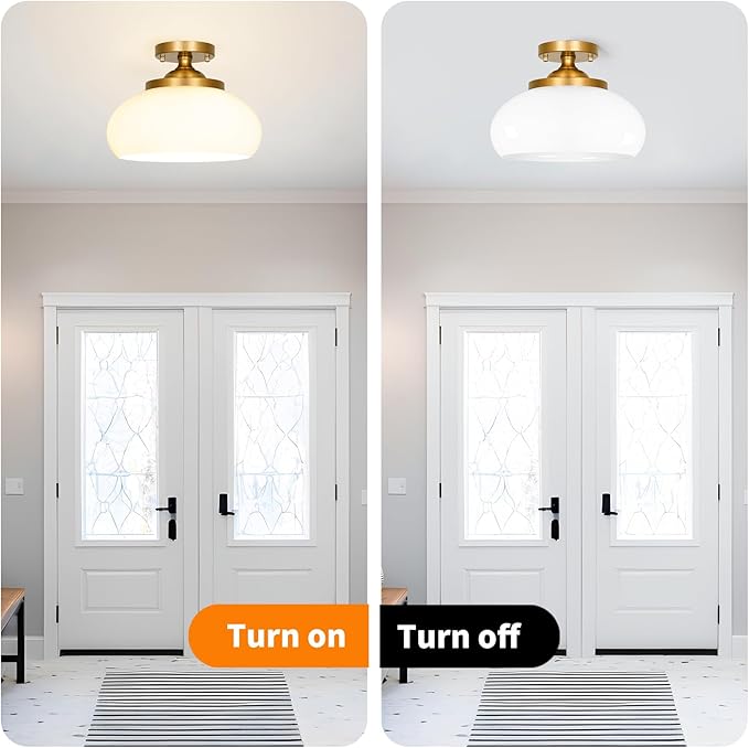 Mid-Century Gold Ceiling Light with Hand-Blown Milk Glass Shade - 12 Inch Semi Flush Mount Light Fixture for Hallway, Kitchen & Bedroom - Triple E12 Sockets for Even Illumination & Easy Installation