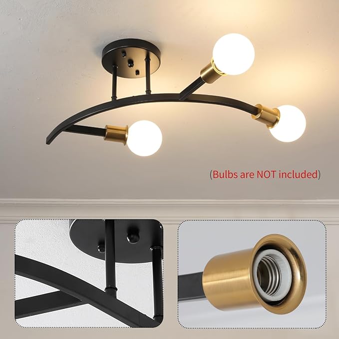 3-Lights Modern Sputnik Semi Flush Mount Ceiling Light Fixture Black and Gold,Mid Centur Minimalist sputnik Chandelier for Hallway,Dining Room,Bedroom,Kitchen,Living Room(Bulbs Not Included)
