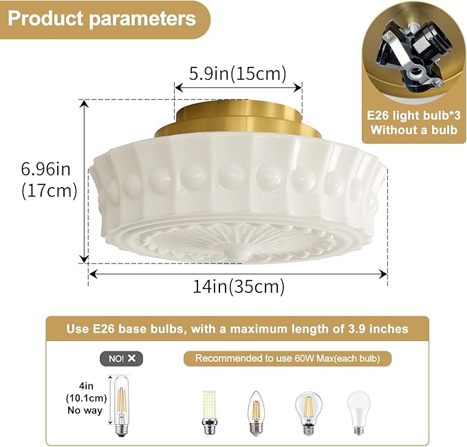 14inch Semi Flush Mount Ceiling Light Milk Glass Ceiling Light Fixture Mid Century Vintage Light Fixtures for Kitchen Hallway Restaurant Bedroom and Schoolhouse(White)