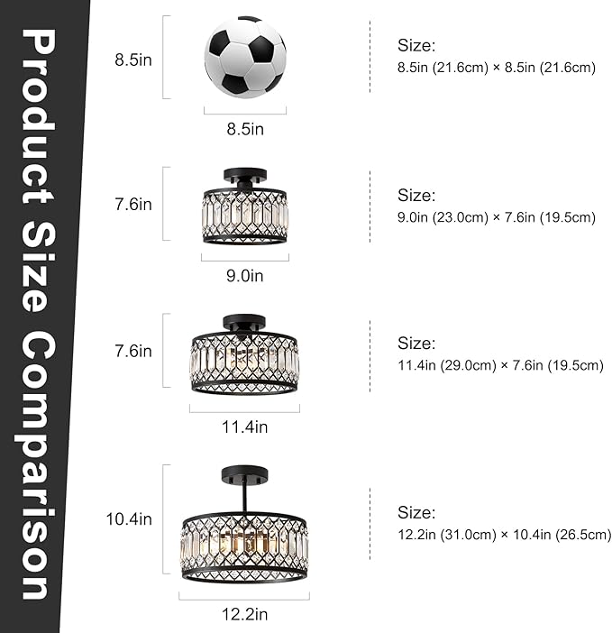 Crystal Ceiling Light Fixture, Modern Semi Flush Mount Ceiling Light, Black Lighting Chandelier for Kitchen, Bedroom, Dining Room, Hallway, 3-Light, 12.2 Inch