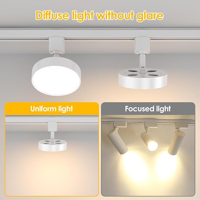 Diffuse LED Track Lighting Heads H Type Track Light Heads Dimmable Kitchen Track Lighting Fixtures Ceiling, Compatible with H Track Rails - Flicker Free CRI90+ 3000K 12W 1000lm, 1 Pack White