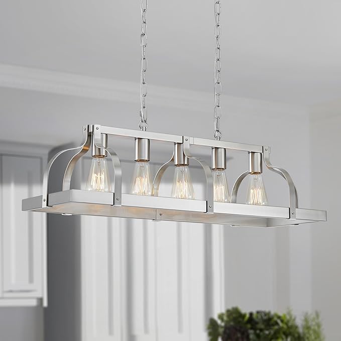 WUZUPS 5-Light Metal Chandelier Linear Pendant Ceiling Lighting Rustic Farmhouse Fixture Kitchen Island Dining Room, H 8.5" L 31.5" W10, E26 Base, Brushed Nickel