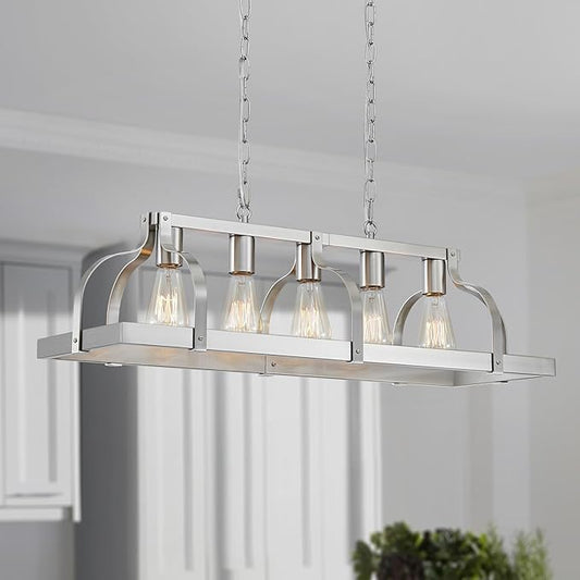 WUZUPS 5-Light Metal Chandelier Linear Pendant Ceiling Lighting Rustic Farmhouse Fixture Kitchen Island Dining Room, H 8.5" L 31.5" W10, E26 Base, Brushed Nickel