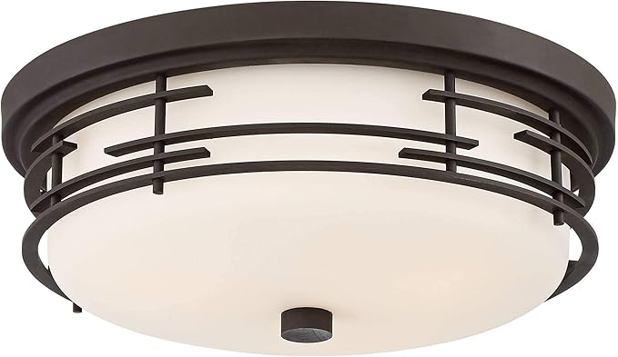 Franklin Iron Works Arden Modern Ceiling Light Flush Mount Fixture 14" Wide Bronze Brown Metal Frame White Glass Shade Decor for Bedroom Kitchen Living Room Family Hallway Bathroom House Dining