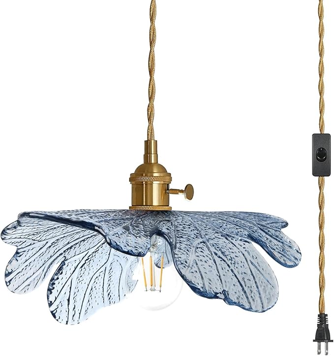 Plug in Pendant Light, Vintage Hanging Light with Plug in Cord On/Off Switch Brushed Brass Pendant Light fixtures with Blue Glass Shade 1-Light Hanging Light for Kitchen Dining Room Bedroom