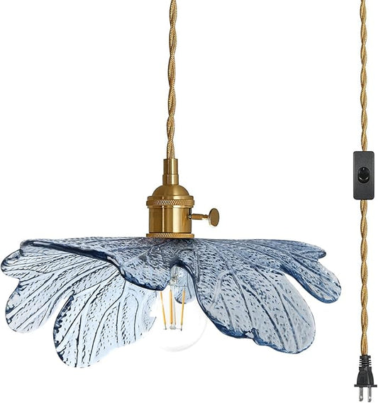 Plug in Pendant Light, Vintage Hanging Light with Plug in Cord On/Off Switch Brushed Brass Pendant Light fixtures with Blue Glass Shade 1-Light Hanging Light for Kitchen Dining Room Bedroom