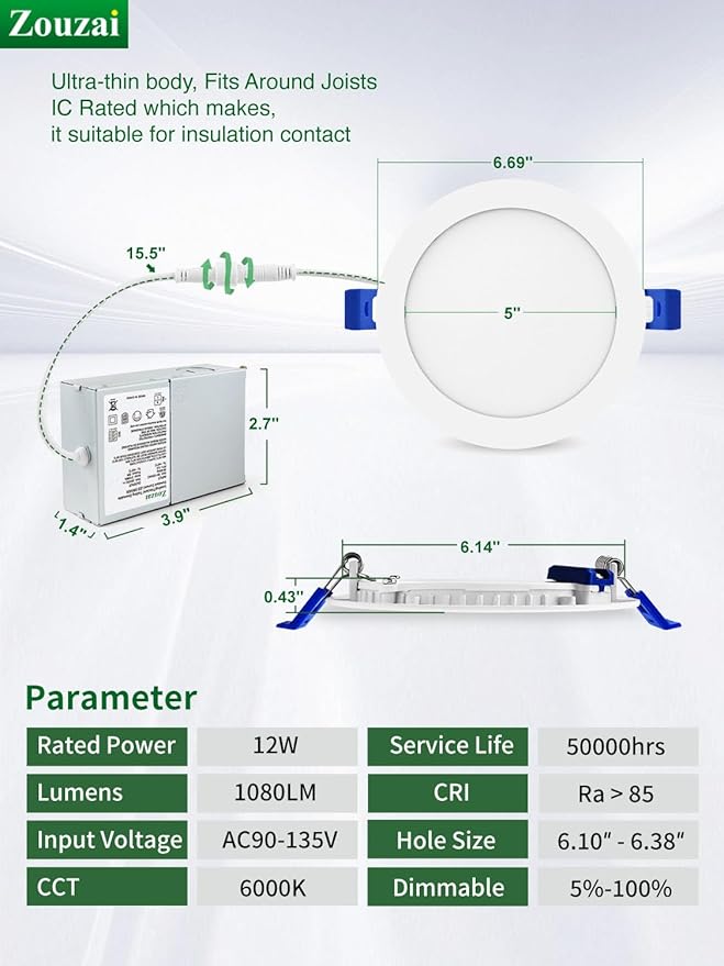 zouzai 12 Pack 6 Inch 6000K Ultra-Thin LED Recessed Light with Junction Box, 12W Dimmable,Ra>85 High Brightness - ETL and Energy Star Certified