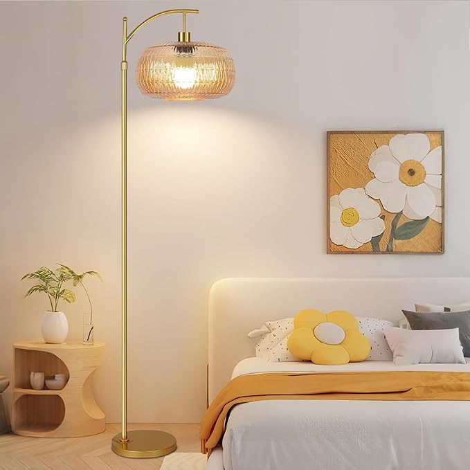QIYIZM Glass Floor Lamp for Living Room,Bedroom,Gold Dimmable Standing Lamp with Remote,Mid Century Modern Brass Tall Lamp Retro Vintage Lamp Floor Light Boho Bohemian