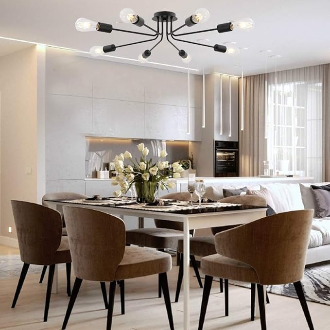 Vintage 8 Light Ceiling Light Industrial Metal Black Sputnik Semi Flush Mount Light for Dining Room Living Room Kitchen