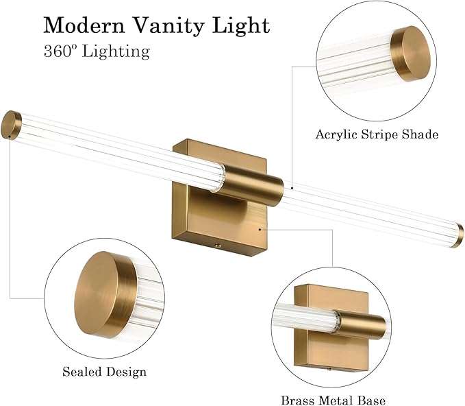 Modern LED Vanity Light, 360° Full Lighting Bathroom Light Fixture Over Mirror, 22W 5500K Cool White, Hardwired Wall Sconce, 23.6 Inch, Brass
