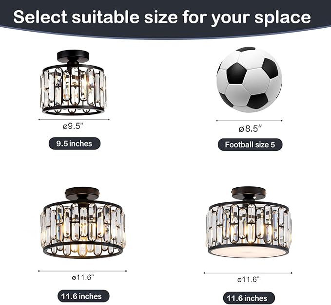Black Crystal Ceiling Light Fixture - Modern Semi Flush Mount Chandelier with K9 Crystals for Bathroom Bedroom Entryway Hallway Closet 1 Light 11.6" Diameter