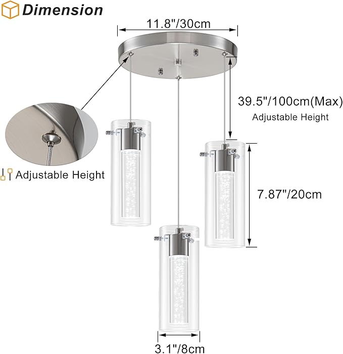 Pendant Lights Kitchen Island, 3-Light Brushed Nickel Pendant Light Fixtures, Cluster Kitchen Island Lights, LED 6000K Pendant Lighting, Modern Hanging Light Fixture for Dining Room Living Room
