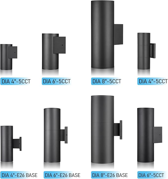 LEONLITE Modern Outdoor Cylinder Wall Lights 22", Up and Down Porch Patio Lights, Matte Black Waterproof Wall Sconce, Aluminum, E26 Base, Exterior Light Fixture Wall Mount, ETL, Pack of 2