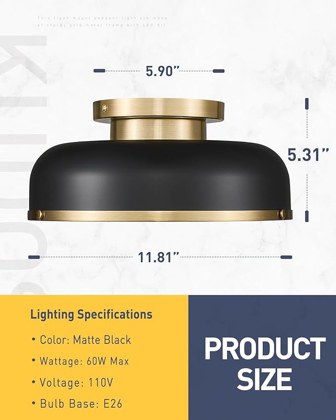 kudos 12 Inch Semi Flush Mount Ceiling Light, 1-Light Drum Ceiling Light, Black Ceiling Light Flush Mount, Bedroom Ceiling Light for E26 Base Hallway Kitchen, KDCL15-BKE