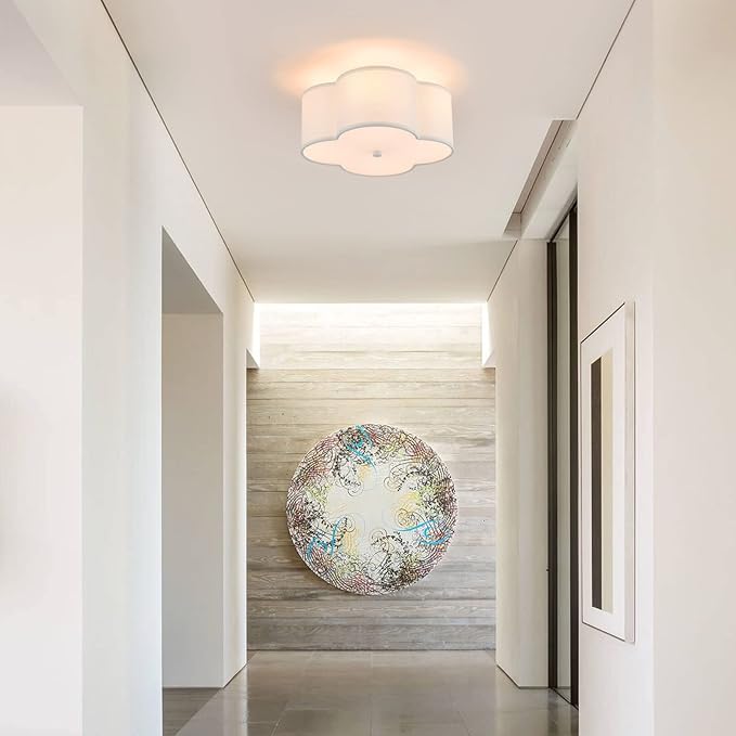 Semi Flush Mount Ceiling Light Fixture, Modern Close to Ceiling Lamp with Cream White Fabric Drum Shade for Nursery Kids Room Bedroom Kitchen Hallway Entryway 4-Light