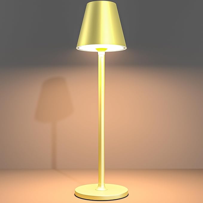 Timjorman 1-Pack Cordless Table Lamps - 5000mAh Rechargeable Battery Operated Desk Lamp, 3-Level Dimmable LED Night Light for Bedroom, Dining, Restaurant - Metal Design (Champagne Gold-1Pack)