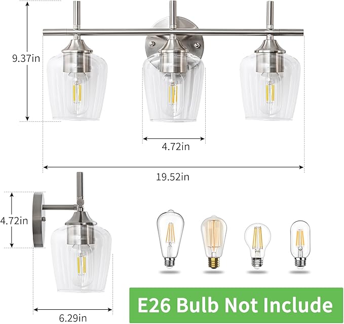 Bathroom Vanity Light Fixtures, 3-Lights Over Mirror Modern Vanity Lighting with Clear Wine Glass Shade Wall Lamp for Bedroom Hallway Living Room (Nickel, 3-Light)