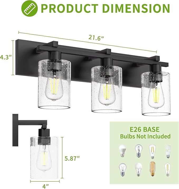 Espird Bathroom Vanity Light,3 Light Matte Black Light Fixture with Thickened Seeded Glass Shade, 21 inch Modern Wall Sconce,Vanity Light Over Mirror for Bathroom