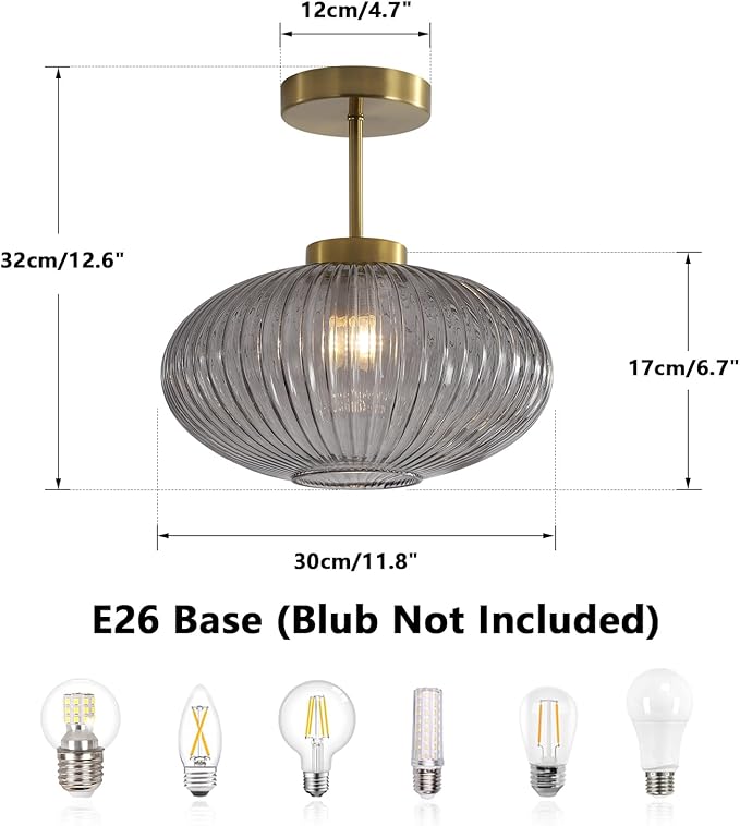 KCO Lighting 1-Light Smoke Glass Semi Flush Mount Ceiling Light Mid Century Bathroom Ceiling Light Fixture Antique Brass Flush Mount Ceiling Light Modern Grey Globe Light