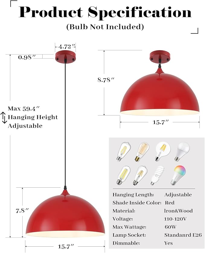Red Pendant Lights Kitchen Island, 16" Dome Pendant Light, Modern Farmhouse Pendant Light for Kitchen Island, Dining Room, Cafe, Bar, 2 Pack