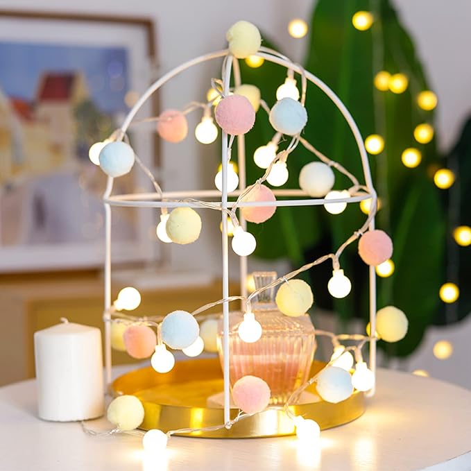 ChiRee Indoor String Lights 6.56 Feet Pom Poms Fairy 20 LED Battery Operated Ball Warm White Globe Colorful Decor for Home Bedroom Kids Playhouse Holiday Christmas