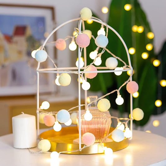 ChiRee Indoor String Lights 6.56 Feet Pom Poms Fairy 20 LED Battery Operated Ball Warm White Globe Colorful Decor for Home Bedroom Kids Playhouse Holiday Christmas