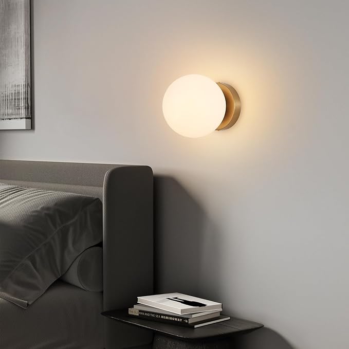 6" Modern Globe Wall Sconces, Mid Century Gold Aged Brass Wall Mounted Lamp with Globe Shade, Indoor Wall Light Fixture Ceiling Light for Bedroom Living Room Hallway Stairway.
