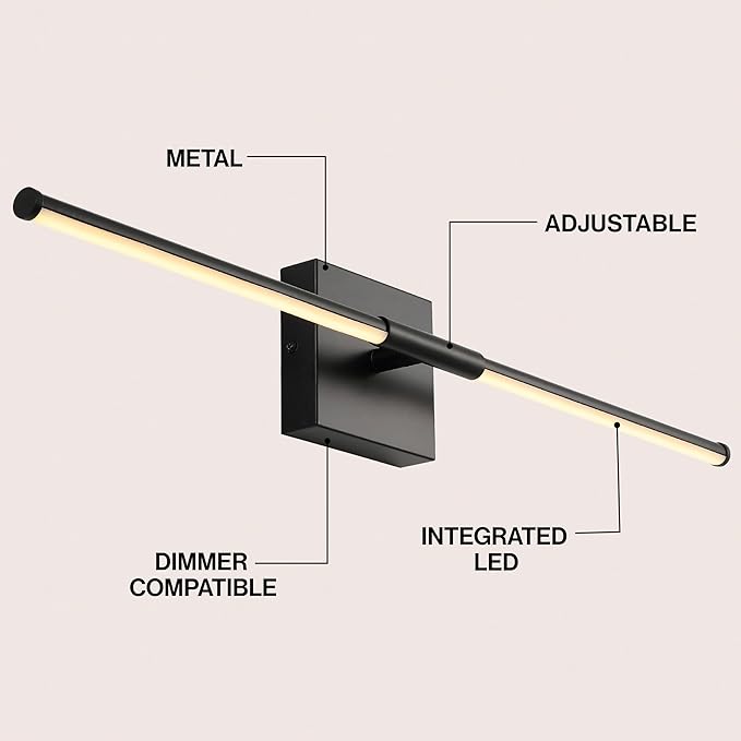 JONATHAN Y 28" Black Modern Dimmable Integrated LED Wall Sconce, Minimalist Adjustable Metal Vanity Light for Bathroom Mirror, Bedroom, Hallway, 3000K, ETL Listed (JYL7041C)