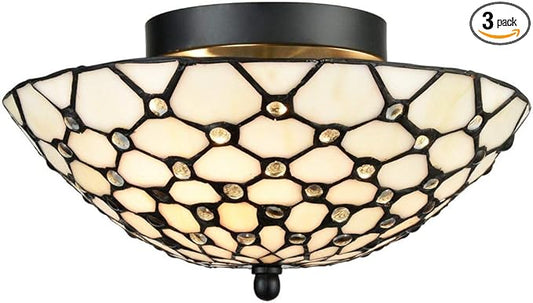 DIRYZON EUL Tiffany Style Semi Flush Mount Ceiling Fixture Antique Brass & Art Colorful Glass Shade-3 Lights