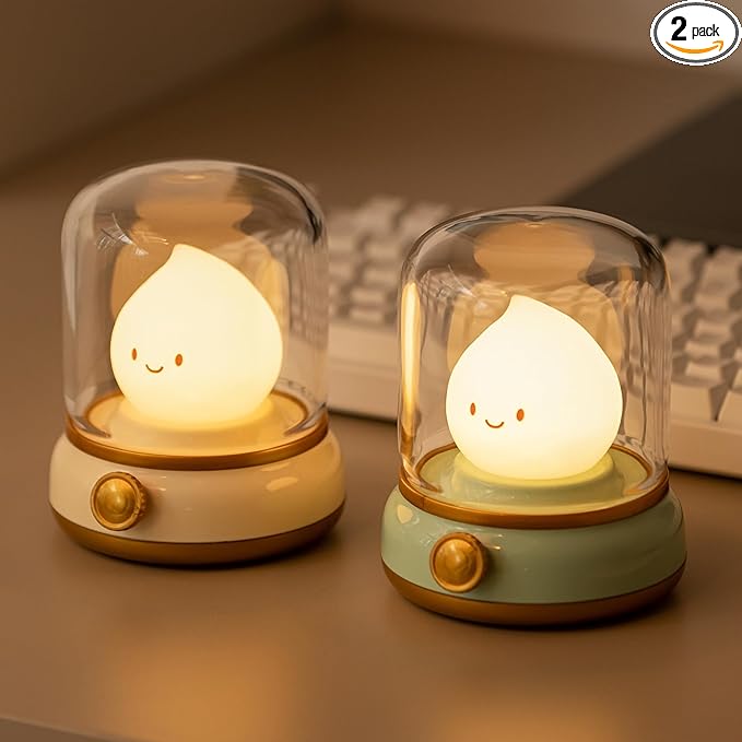 WANIDEA Cute Chibi Flame Lamp, Anime Cozy Lights, Retro Rechargeable Night Light, Decor, Cute Desk Accessories, Gifts 2 Pack (Yellow and Green)