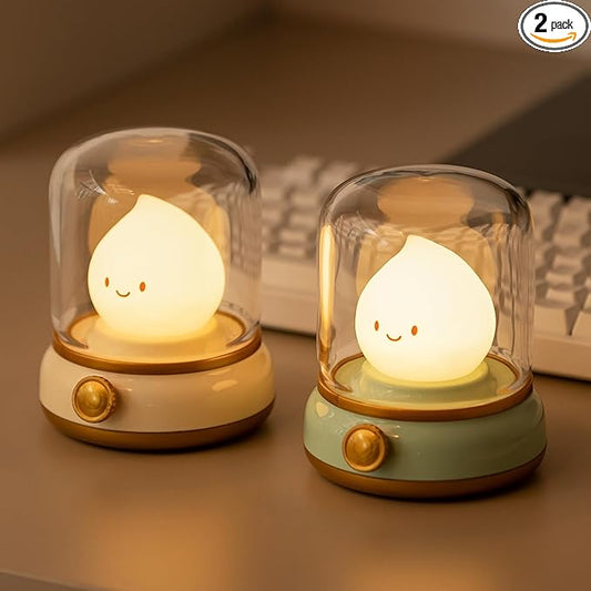 WANIDEA Cute Chibi Flame Lamp, Anime Cozy Lights, Retro Rechargeable Night Light, Decor, Cute Desk Accessories, Gifts 2 Pack (Yellow and Green)