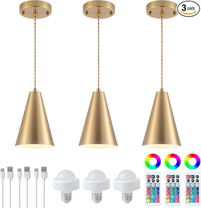 Dijiahua Gold Battery Operated Pendant Lights Kitchen Island 3 Pack with Remote Control,Wireless Rechargeable 12 Color Temperatures Lamp Fixtures with Brass Metal Shade, Modern Hanging Lighting
