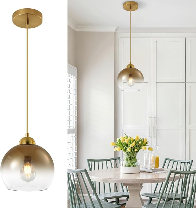 Modern Gradient Gold Glass Pendant Light，7.8-Inch Globe Adjustable Hanging Pendant Light for Bedroom Kitchen Island Dining Room Stairwell