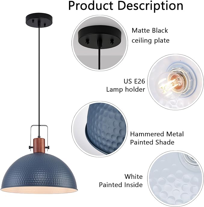 16 Inch Blue Pendant Lights Hammered Matte Pendant Lights for Kitchen Island Industrial Farmhouse Adjustable Height Dome Hanging Light Fixtures for Barn, Dining Room 2 Packs