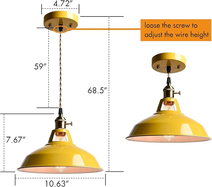 CLAXY Modern Pendant Lights Yellow Metal Barn Pendant Light Fixture Over Kitchen Island with Switch Adjustable Hanging Height Loft Light E26 Pendant for Dining Table Bedroom Cafe
