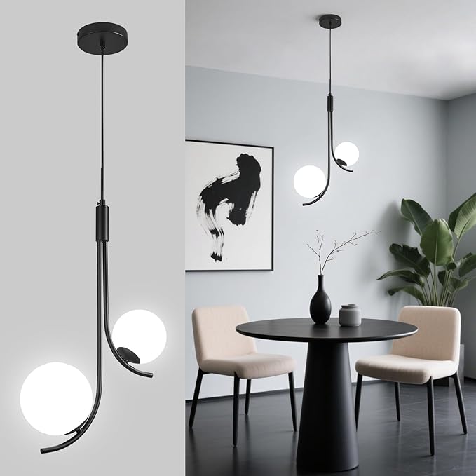 Modern Pendant Light Fixture Black Globe Pendant Lights Kitchen Island White Frosted Milk Glass Sputnik Chandelier Vintage for Kitchen, Office, Entryway (2-Light)