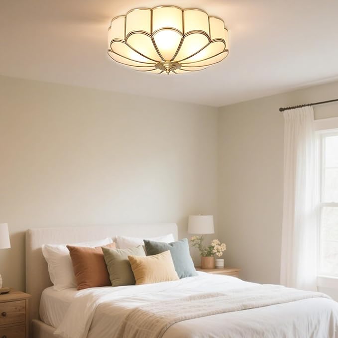 MIXL-Mid Century Brass Flush Mount Ceiling Light,14 Inch Bedroom Light Fixture,Vintage Style Ceiling Lamp for Living Room and Entyrway