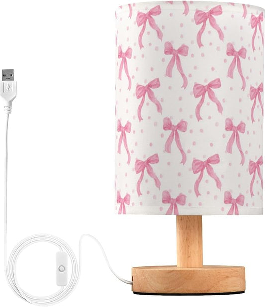 Aslsiy Coquette Ribbon on White Bedside Table Lamp Lovely Bow Nightstand Lamp Night Light Fabric Shade for Bedroom Living Room Home Office