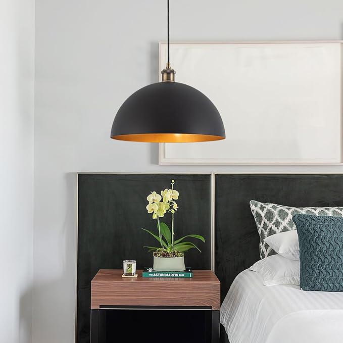 13.78" Modern Industrial Black Pendant Lights Farmhouse Dome Black Gold Pendant Lighting Vintage Golden Pendant Light for Kitchen, Dining Room, Bedroom, Hallway, Living Room, Set of 2